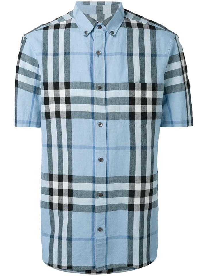 Burberry - Button Down Short Sleeve House Check Shirt - Men - Cotton/linen/flax - S, Blue, Cotton/linen/flax
