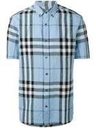 Burberry - Button Down Short Sleeve House Check Shirt - Men - Cotton/linen/flax - S, Blue, Cotton/linen/flax