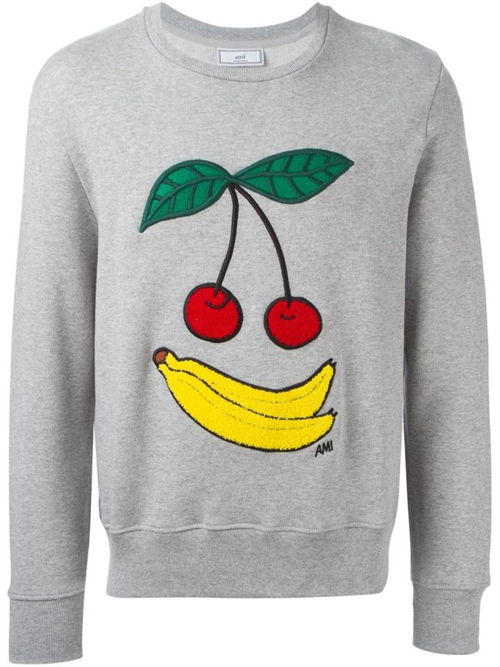 Ami Alexandre Mattiussi Cherries And Banana Embroidered Sweatshirt, Men's, Size: Xxl, Grey, Cotton