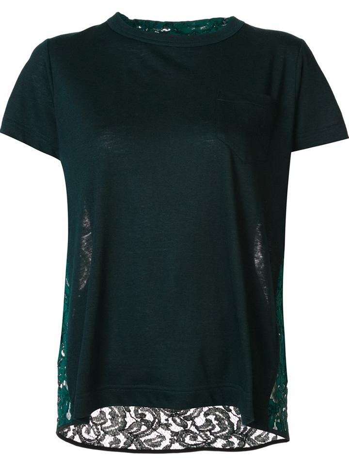 Sacai Lace Insert T-shirt, Women's, Size: 3, Green, Cotton/linen/flax/nylon/rayon