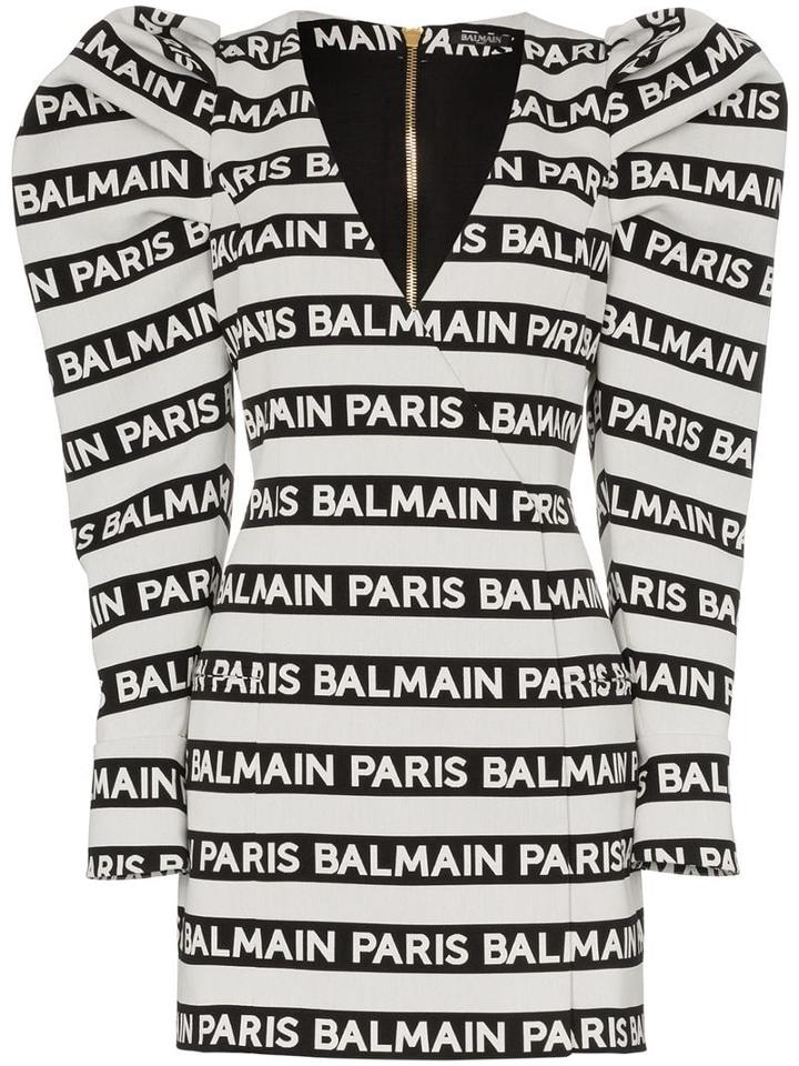 Balmain Structured Shoulder Logo-striped Mini-dress - White