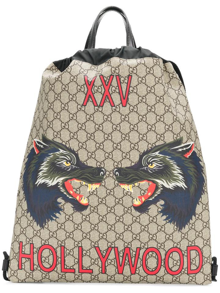 Gucci Printed Gg Supreme Drawstring Backpack - Nude & Neutrals
