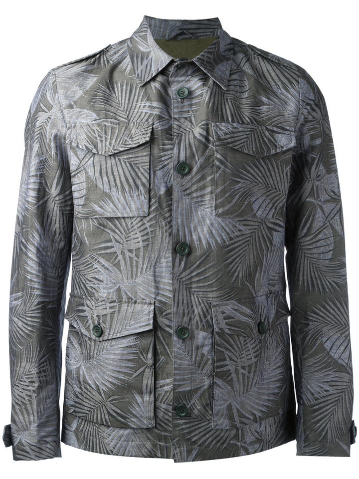 Herno Leaf Print Shirt Jacket, Men's, Size: 50, Green, Cotton/linen/flax/polyester
