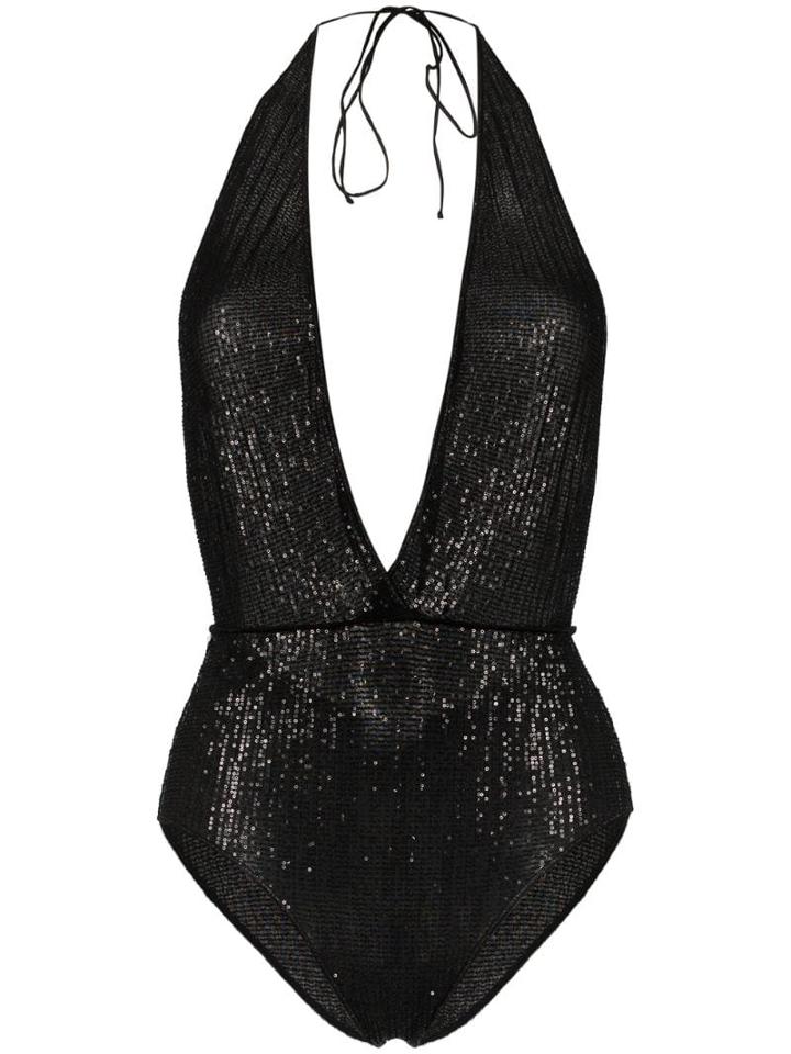 Oseree Halterneck Sequin Swimsuit - Black