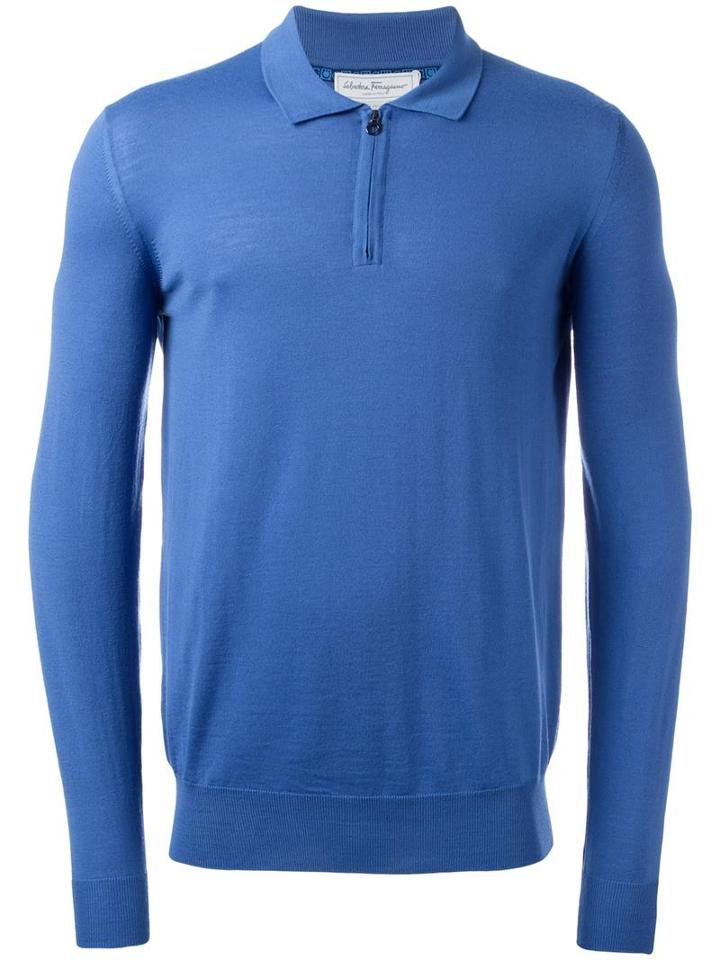 Salvatore Ferragamo Zip-up Long Sleeved Polo, Men's, Size: Xl, Blue, Virgin Wool