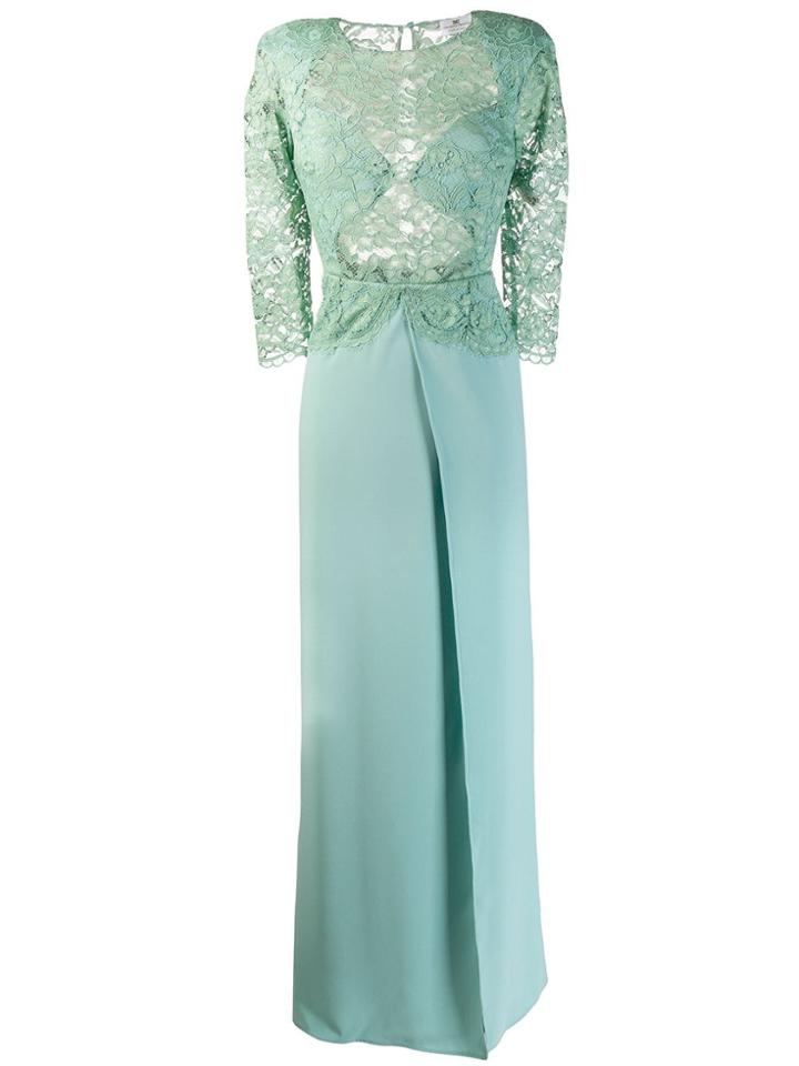 Elisabetta Franchi Lace Panel Flare Gown - Green