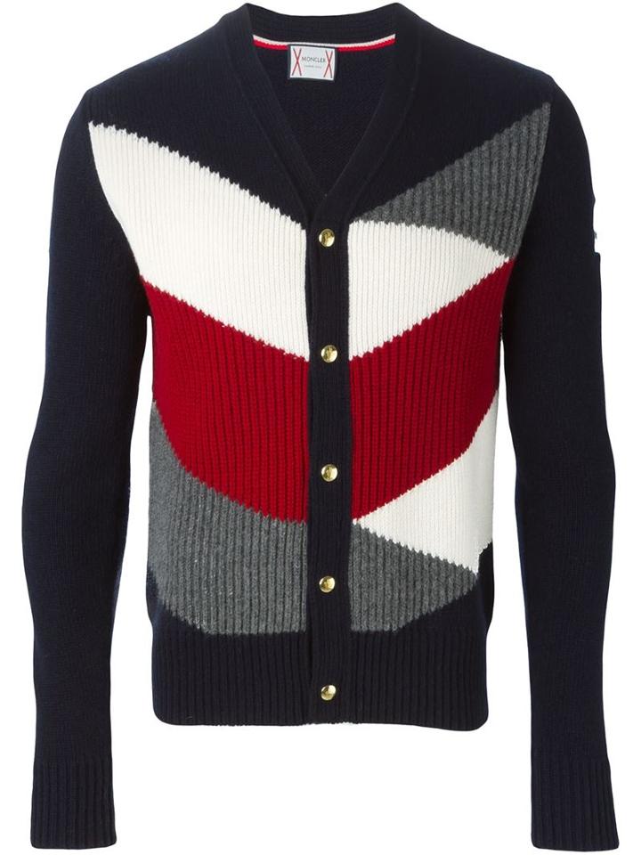 Moncler Gamme Bleu Colour Block Ribbed Cardigan, Men's, Size: Large, Blue, Virgin Wool