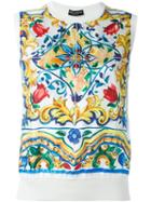 Dolce & Gabbana Majolica Print Panel Knit Top, Women's, Size: 44, White, Silk