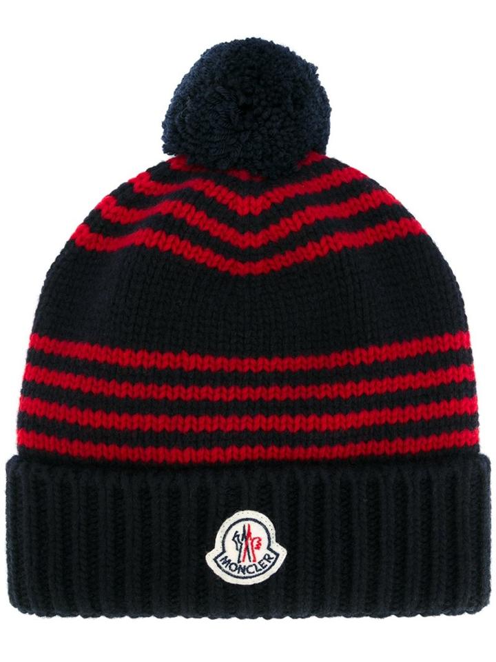 Moncler Striped Beanie Hat, Men's, Blue, Virgin Wool