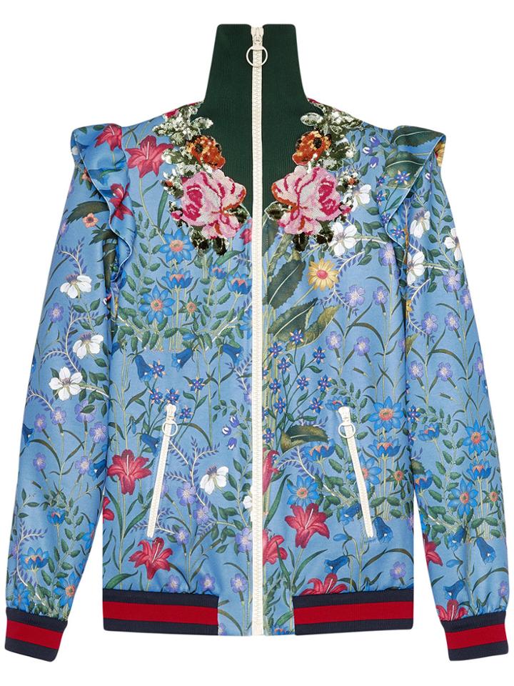 Gucci Embroidered New Flora Print Jersey Jacket - Blue