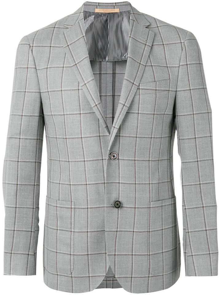 Corneliani Checked Button Front Blazer, Men's, Size: 54, Grey, Cotton