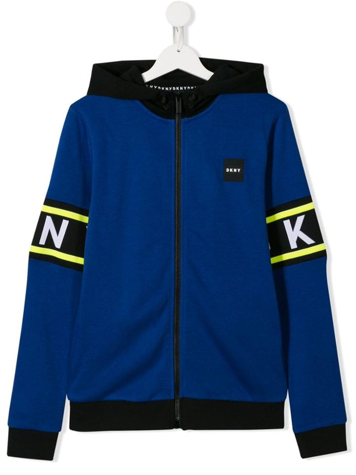 Dkny Kids Colour Block Logo Zipped Hoodie - Blue