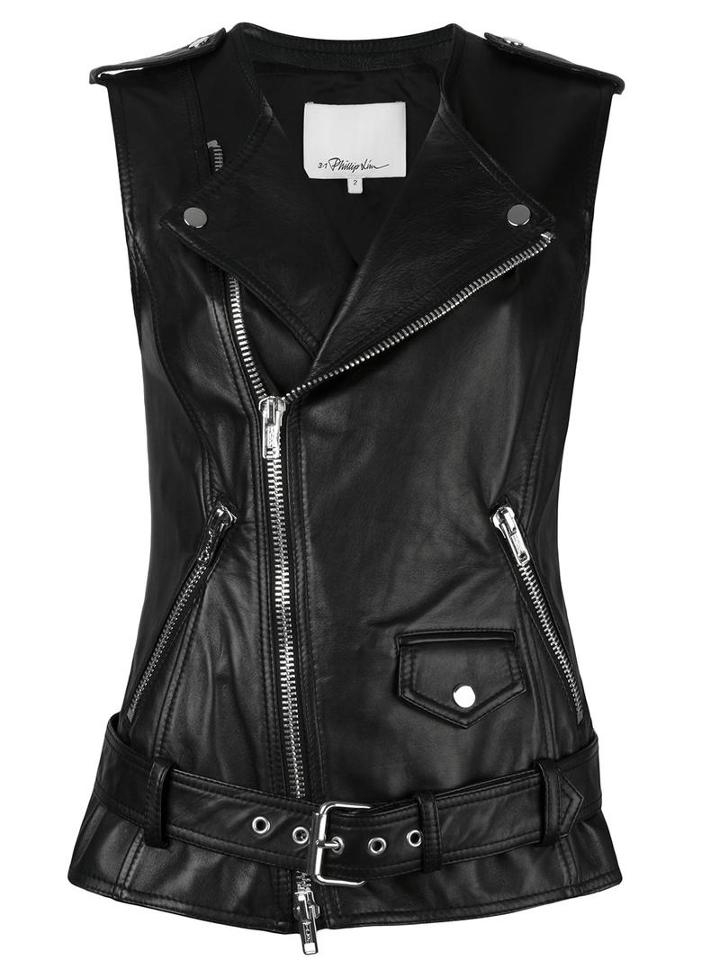 3.1 Phillip Lim Sleeveless Biker Jacket, Women's, Size: 0, Black, Lamb Skin/viscose