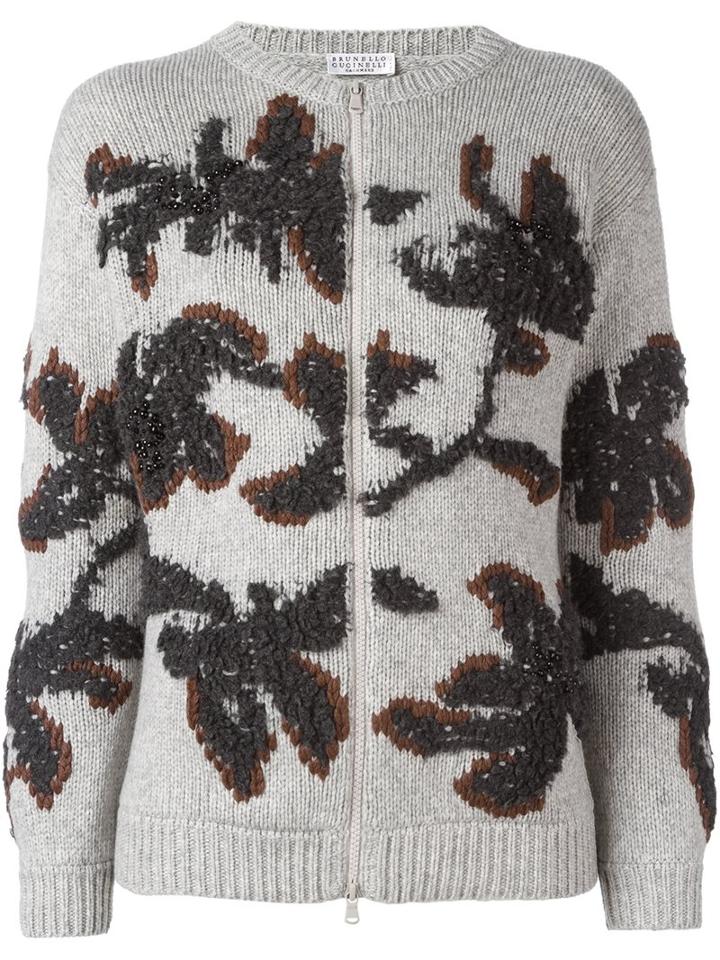Brunello Cucinelli Floral Jacquard Cardigan, Women's, Size: Small, Grey, Cashmere/agate