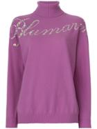 Blumarine Embellished Slogan Front Turtleneck Sweater - Pink & Purple