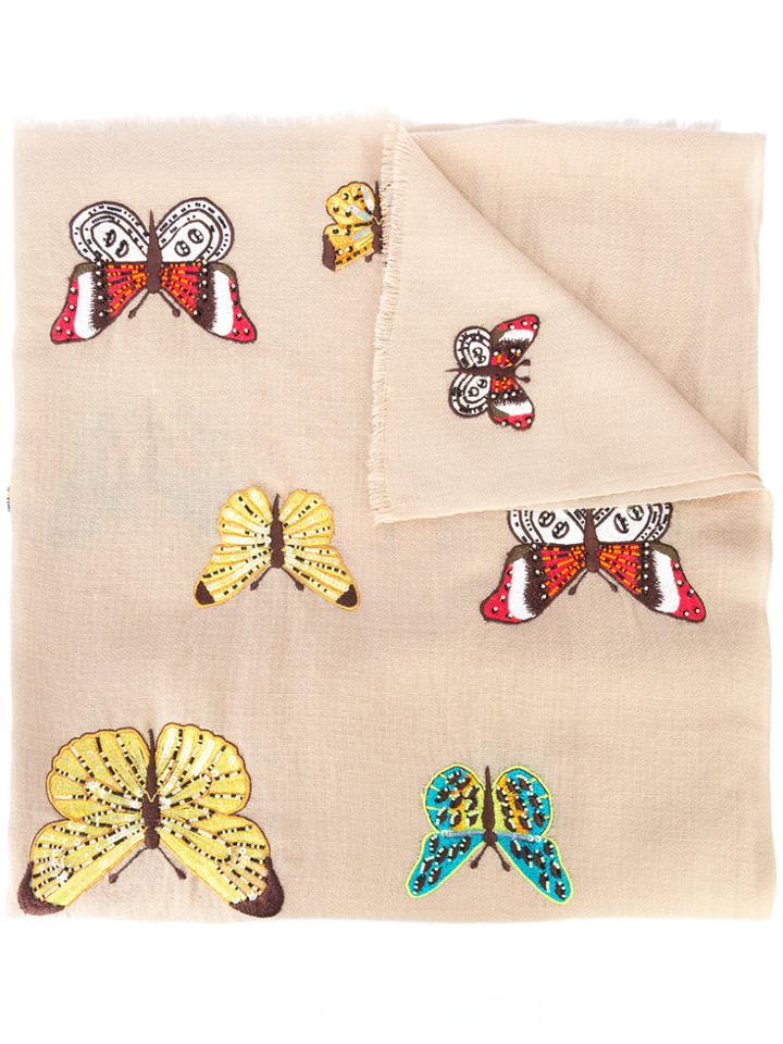 Janavi Beetle And Butterfly Embroidered Scarf - Brown