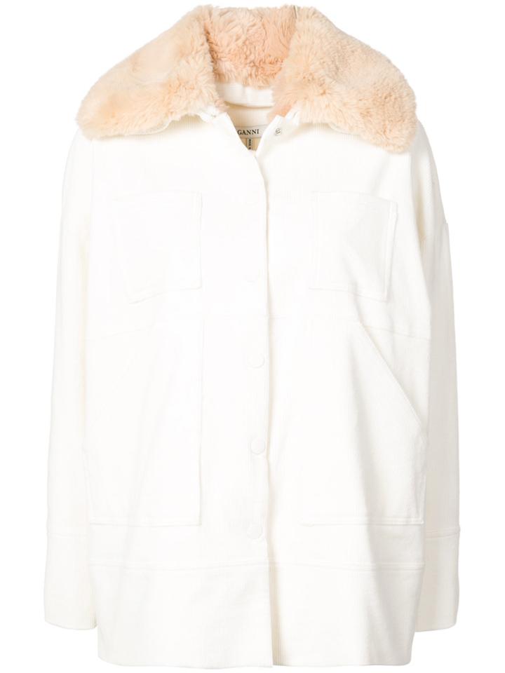 Ganni Faux Fur Collar Coat - White