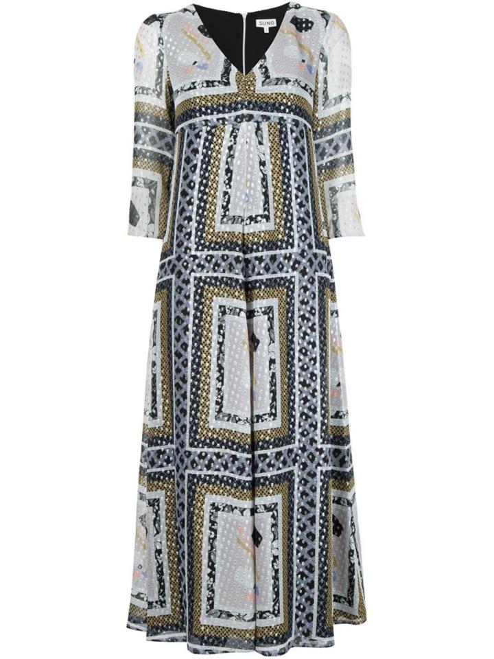 Suno - Metallic (grey) Printed V-neck Dress - Women - Silk/polyester - 2, Silk/polyester
