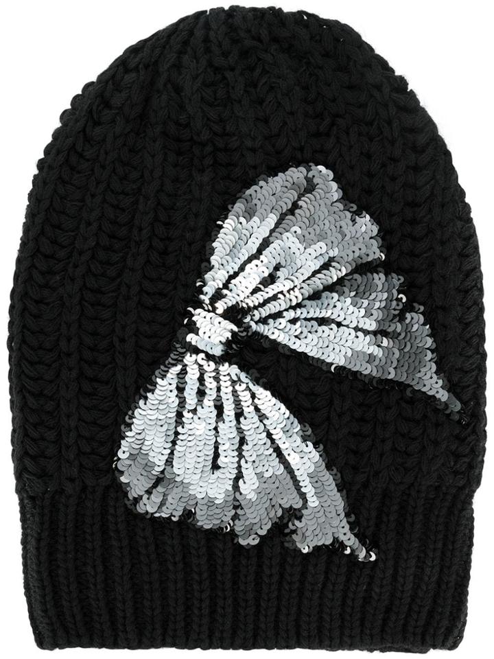 Blugirl Sequin Bow Knitted Beanie - Black