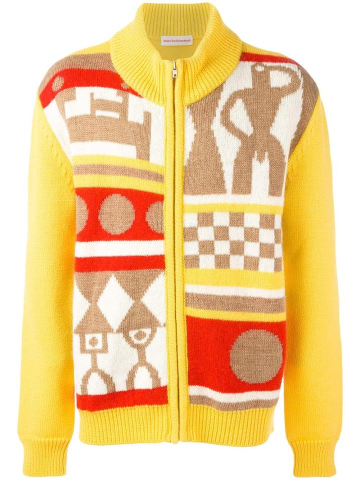 Walter Van Beirendonck Intarsia Pattern Cardigan, Men's, Size: Small, Yellow/orange, Mohair/wool/polyamide