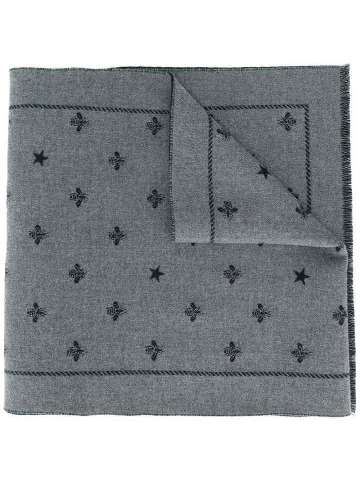 Gucci Bee Pattern Scarf, Men's, Grey, Wool