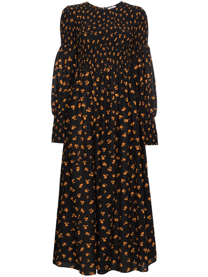 Ganni Beacon Printed Smocked Maxi Dress - Black