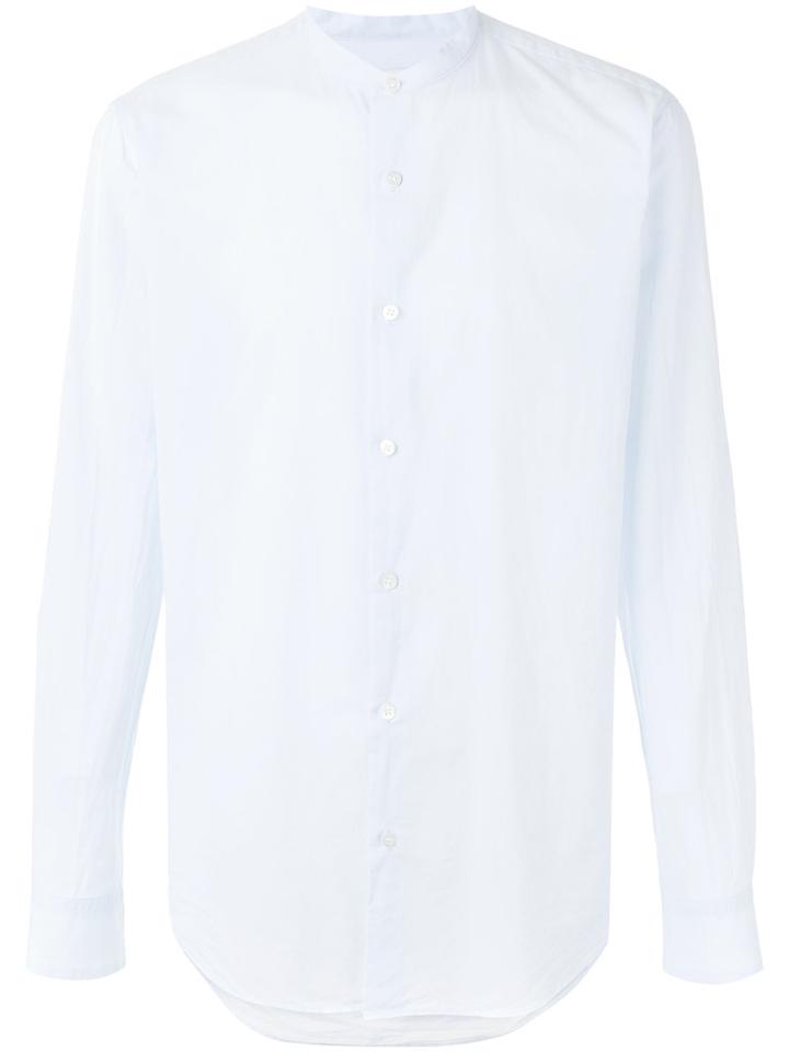 Dries Van Noten Long Sleeve, Collarless, Formal Shirt With Curved Hem, Men's, Size: 52, Blue, Cotton