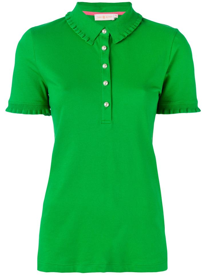 Tory Burch - Ruffled Detail Polo Shirt - Women - Cotton/spandex/elastane/modal - M, Green, Cotton/spandex/elastane/modal