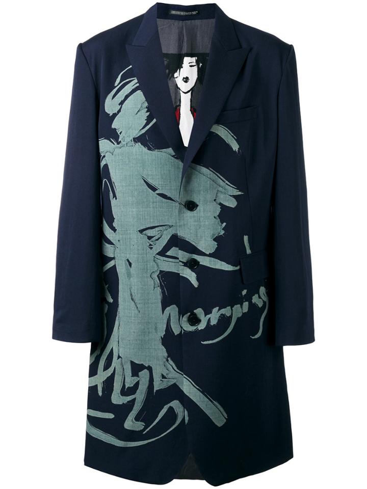 Yohji Yamamoto Printed Blazer Midi Coat - Blue