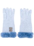 N.peal Fur Trim Gloves, Women's, Blue, Rabbit Fur/cashmere