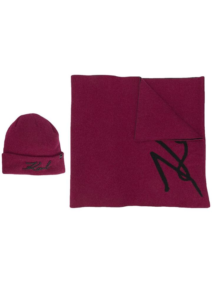 Karl Lagerfeld K/signature Beanie & Scarf Set - Red