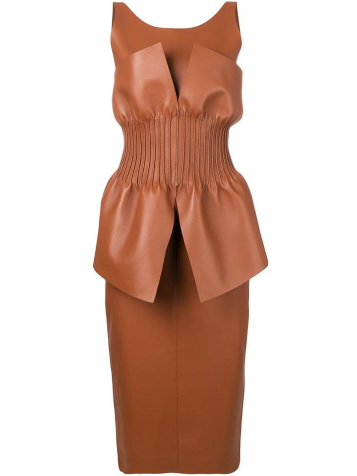 Fendi Gathered Bodice Leather Dress - Brown