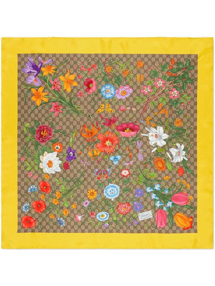 Gucci Silk Carré With Gg Flora Print - Neutrals