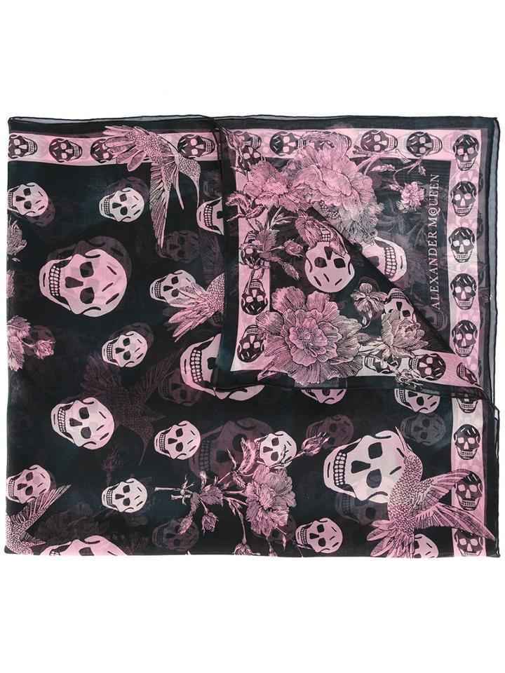 Alexander Mcqueen Skull And Hummingbird Scarf, Women's, Black, Silk