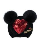 Philipp Plein Kids - Sequin Heart Beanie - Kids - Merino/lamb Fur - One Size, Black