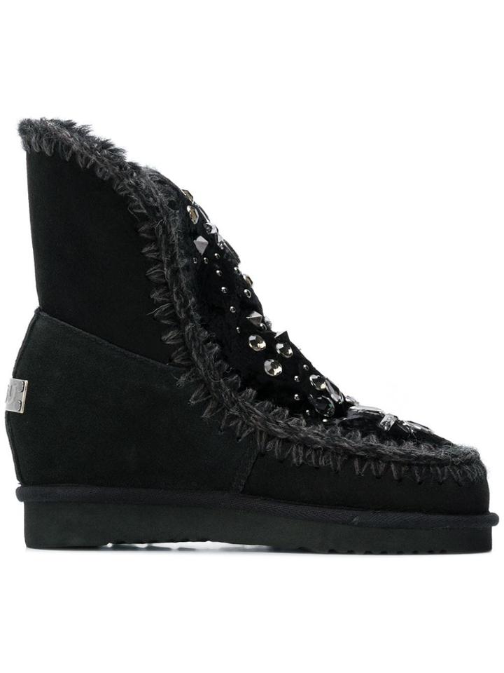 Mou Embellished Wedge Boots - Black