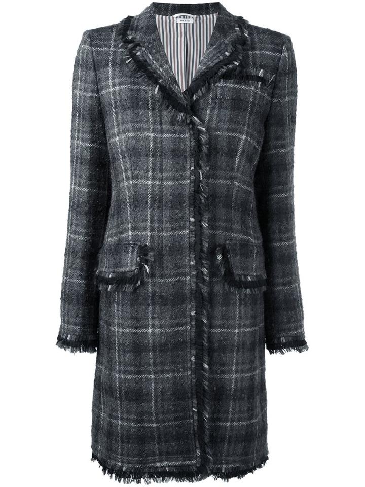 Thom Browne Windowpane Check Tweed Coat, Women's, Size: 40, Grey, Silk/nylon/mohair/wool