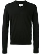Maison Margiela - Elbow Patch V-neck Jumper - Men - Cotton/calf Leather/wool - Xl, Black, Cotton/calf Leather/wool
