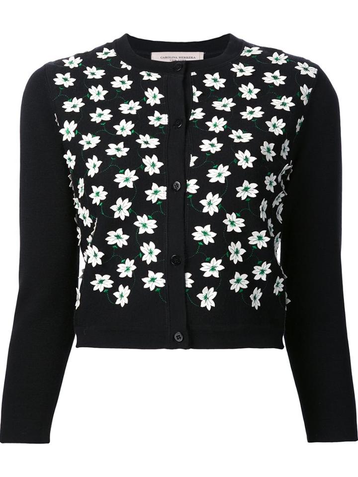 Carolina Herrera Floral Embroidered Cardigan, Women's, Size: Large, Black, Nylon/spandex/elastane/virgin Wool