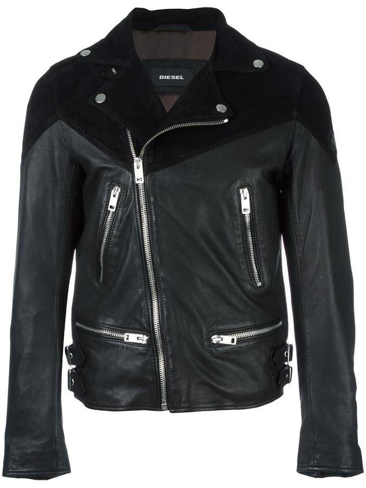 Diesel Zipped Leather Jacket, Men's, Size: Small, Black, Polyester/sheep Skin/shearling/goat Skin