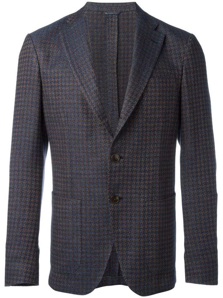 Etro Houndstooth Pattern Blazer, Men's, Size: 50, Blue, Cotton/linen/flax/cupro/silk