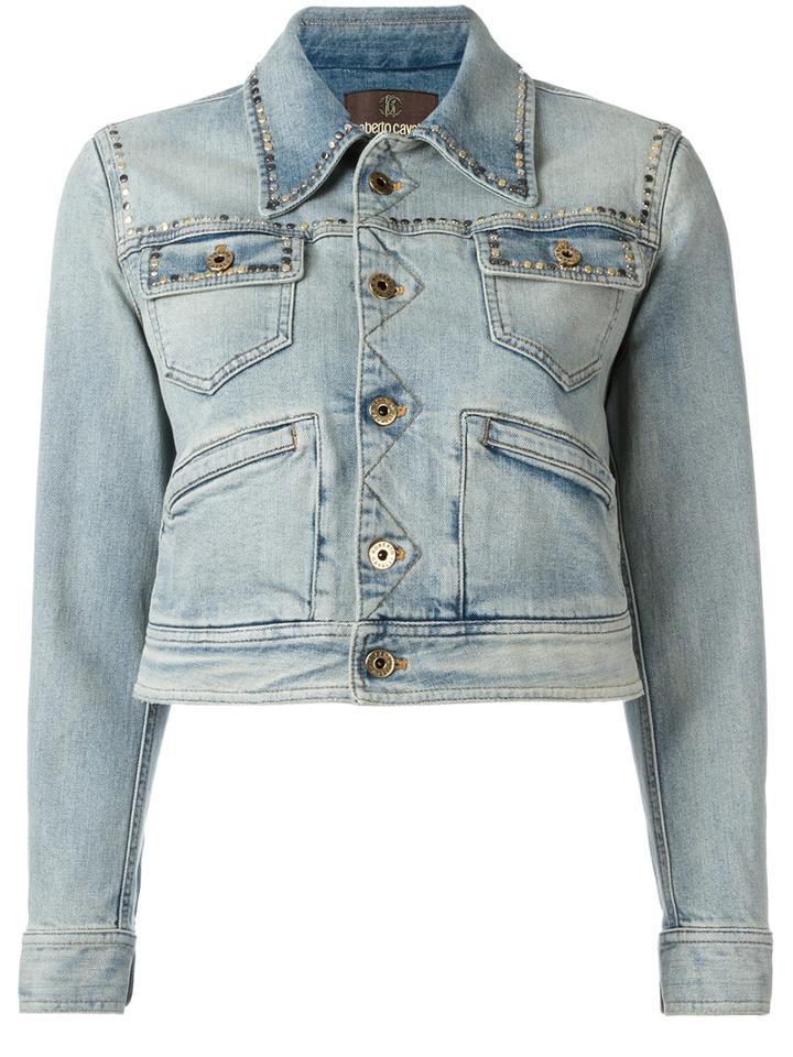 Roberto Cavalli Printed Back Denim Jacket, Size: 42, Blue, Cotton/spandex/elastane/silk