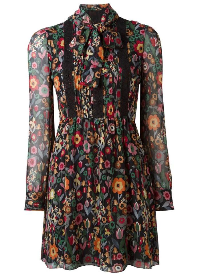 Red Valentino Floral Pussy Bow Dress, Women's, Size: 42, Black, Silk/polyester