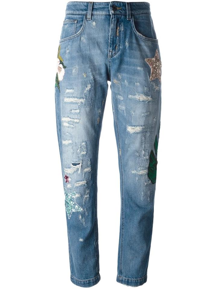 Dolce & Gabbana Embellished Boyfriend Jeans, Women's, Size: 40, Blue, Cotton/silk/polyester/brass