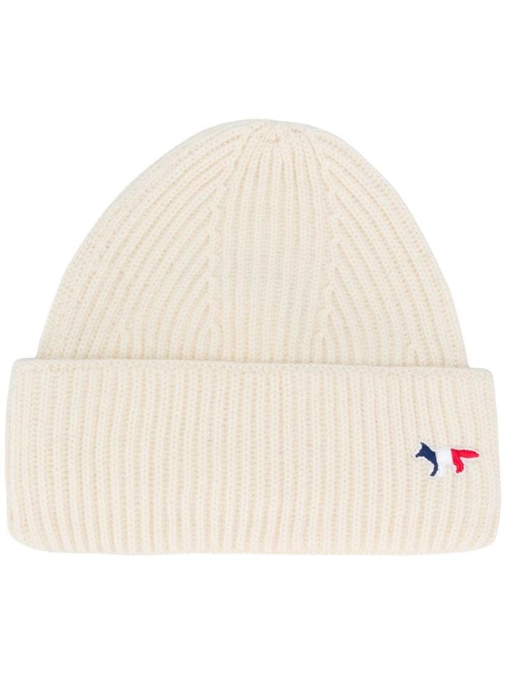 Maison Kitsuné Logo Embroidered Beanie Hat - White