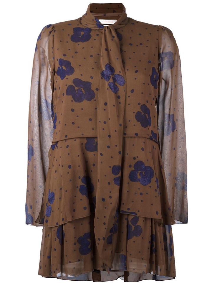 See By Chloé Floral Print Tiered Dress, Women's, Size: 38, Brown, Silk/cotton