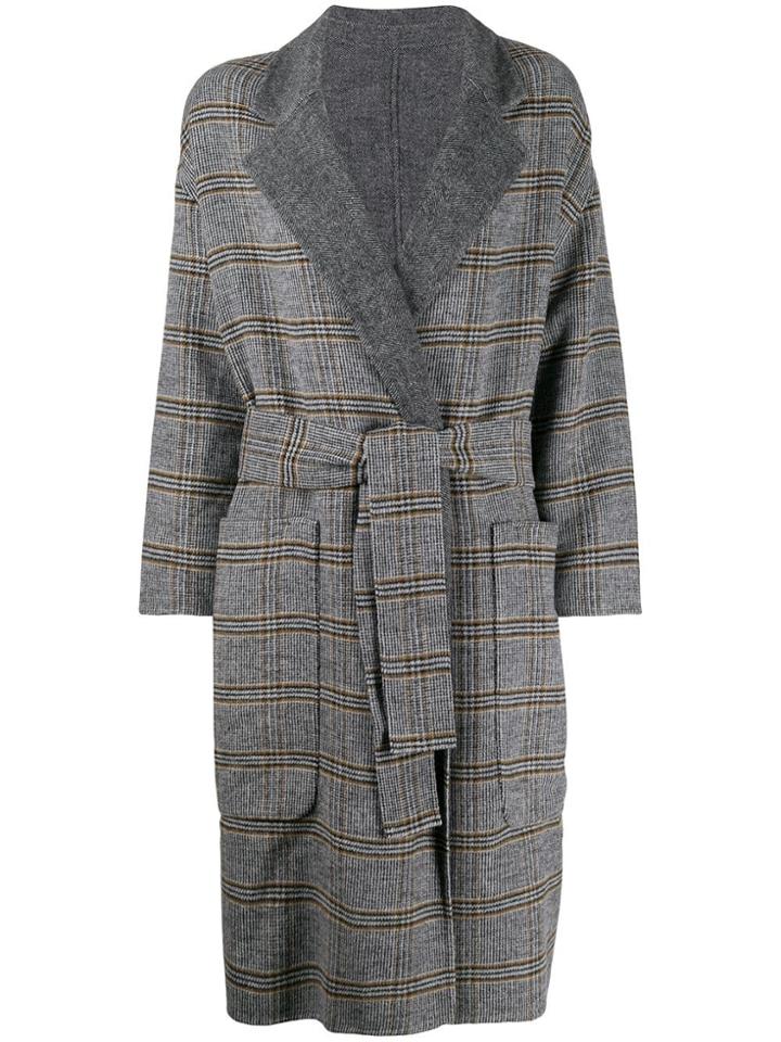 Twin-set Check Patterned Double-breasted Coat - Grey