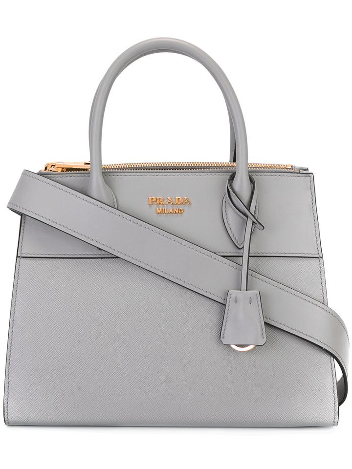 Prada Logo Plaque Tote, Women's, Grey, Calf Leather