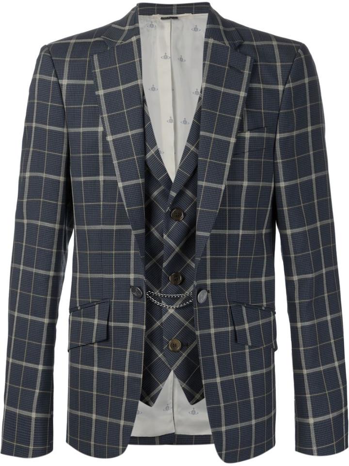 Vivienne Westwood Man Checked Layered Blazer, Men's, Size: 54, Blue, Viscose/virgin Wool