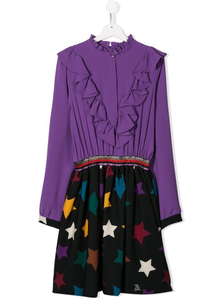 Petit Star Print Ruffle Detail Dress - Purple